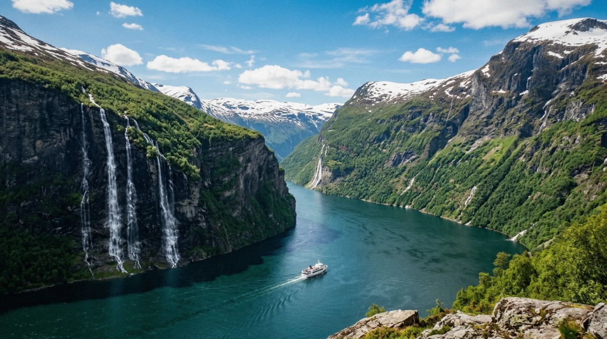 Snowmelt waterfalls at full flow on the Geirangerfjord during the best time to visit in early summer, Norway