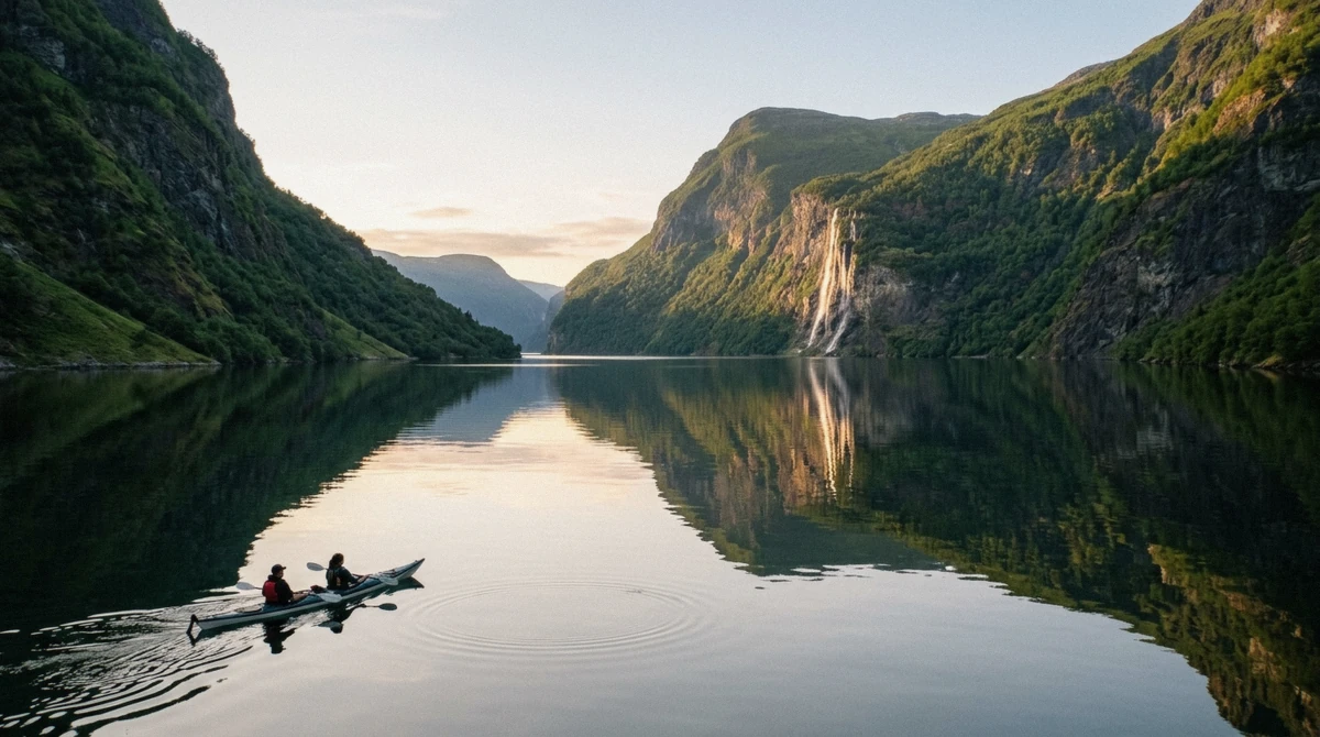 Still, narrow water on a quiet stretch of fjord illustrating the Geirangerfjord vs Naeroyfjord comparison in Norway