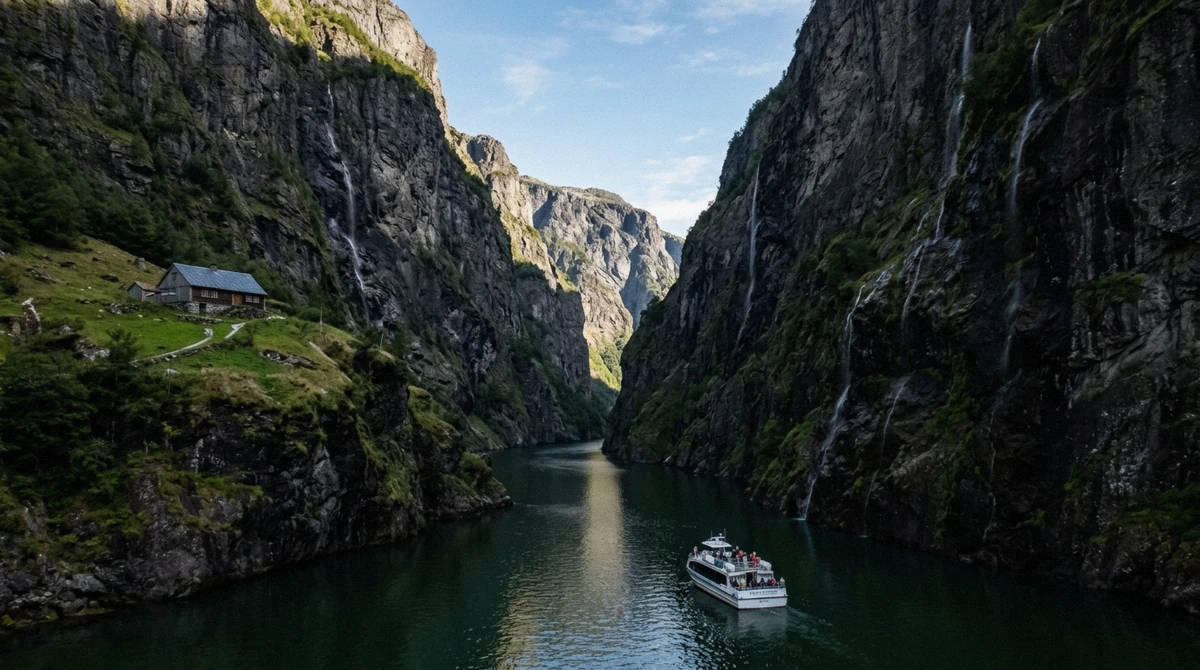 Narrow cliffs of Nærøyfjord compared with the wider Geirangerfjord vs Naeroyfjord landscape in Norway