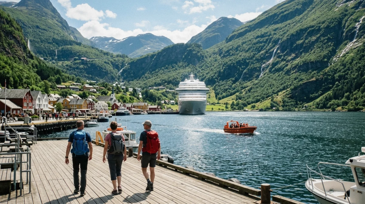 Cruise ship at anchor in the geiranger cruise port with tender boats ferrying passengers ashore in Norway