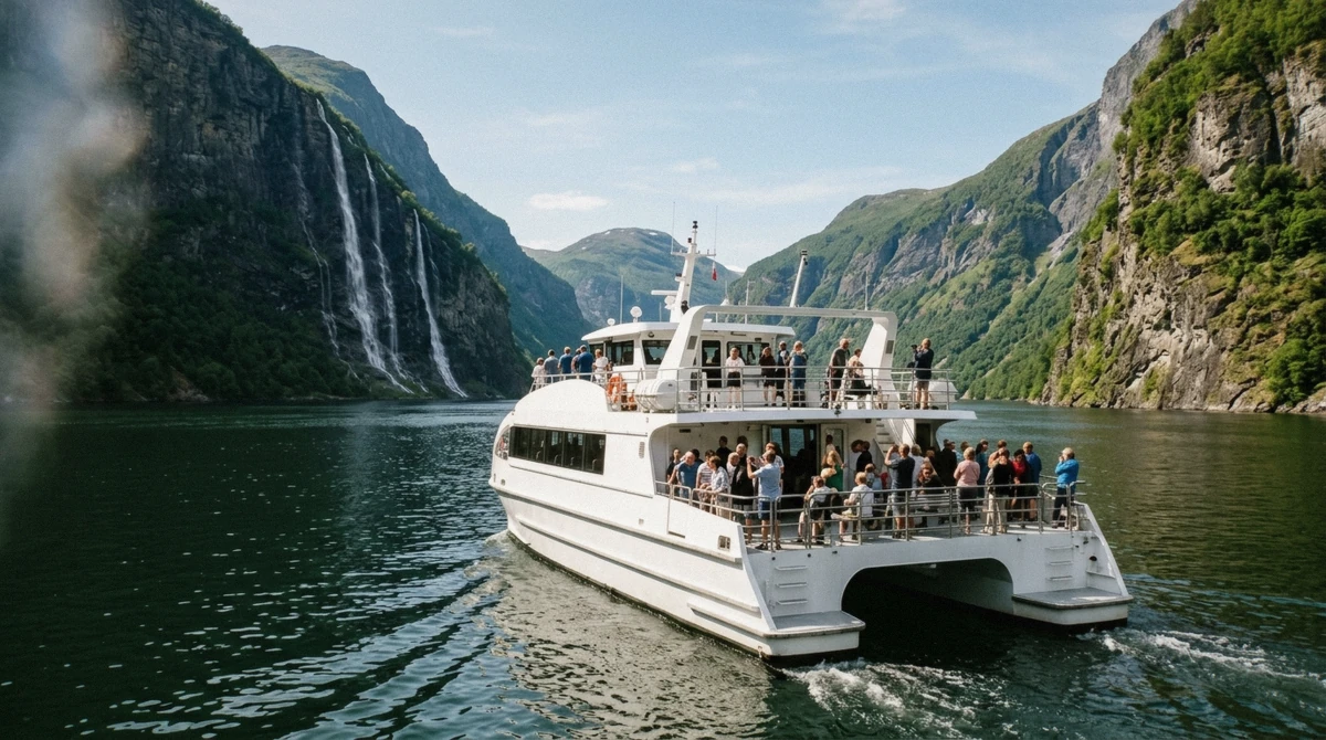 Boat crossing the Geirangerfjord cruise route beneath steep UNESCO fjord walls in Norway