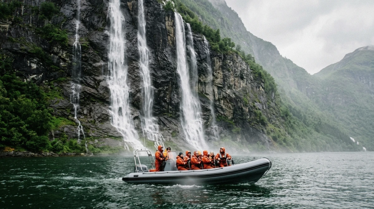 RIB boat in the spray beneath the Seven Sisters waterfall on a Geiranger fjord cruise in Norway